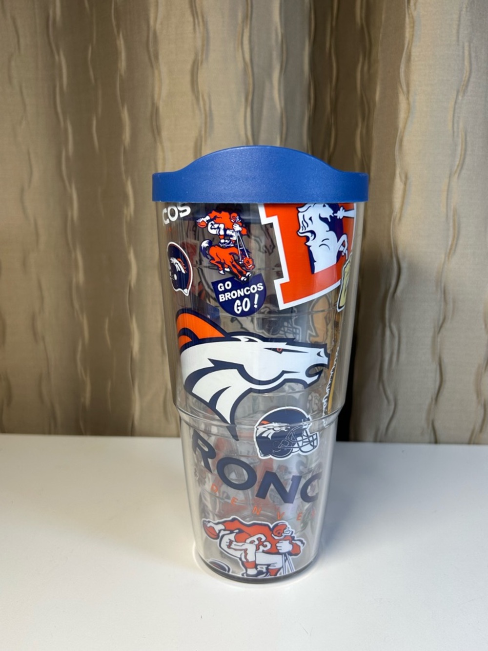 Tervis Denver Broncos Retro All Over Logos Insulated Tumbler Blue Lid 24 Oz NWT